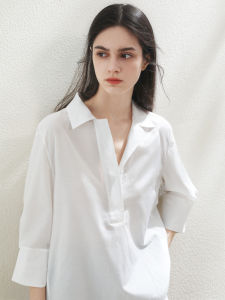 Miccbeirn | Silk Cotton Sweet Style Womens Shirt V-neck Drapey Skin-friendly Casual T-shirt Commute Simple Fashion Match All Seasons