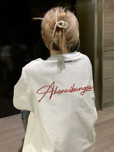 American Style Heavyweight Short Sleeve White T-Shirt Womens Loose Design Summer Top Cotton Pure Creative Print round Neck