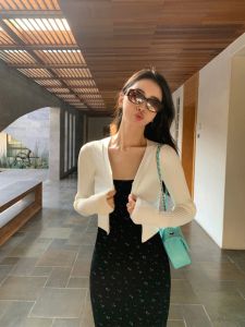 Pusumede White Short Knit cardigan Thin Sunscreen Outerwear Women Slim fit Long sleeve Outdoor Cover up Top