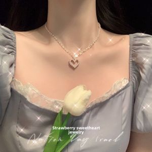 Delicate Pearl Heart Necklace Set Trendy Luxury Sensation Choker Chain Alloy Material Korean Style Fresh out Fashion Jewelry