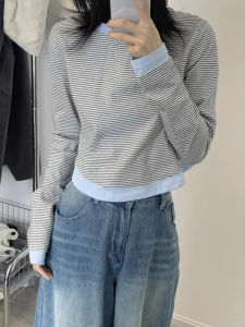 Áo Thun Nữ Tay Dài Ngắn Giả Hai Mảnh Kẻ Sọc Màu Tương Phản Mùa Xuân Thu Phong Cách Mới Giảm Tuổi Tác Bên Trong Áo Ngắn