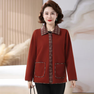 Áo Khoác Nữ Dáng Rộng Cổ Polo Thời Trang Xuân 2025 Mới Cho Mẹ Trung Niên Và Người Cao Tuổi Thường Ngày Dài Tay Họa Tiết Kẻ Sọc