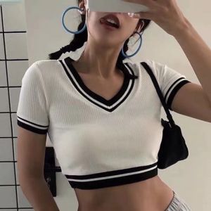 Imixcity Women Hot Cropped T Shirt Retro Knitted V-neck Pullover Tops Short-sleeved High-waisted Slim Fit Shirt