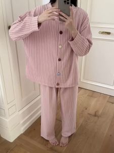 Comfortable Suede Striped Pajamas Autumn Winter Womens New Warm Color Button Cardigan Long Sleeved Sleepwear Sweet and Simple Casual Home Wear Set