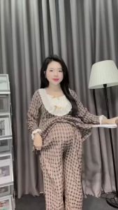 bộ bầu và sau sinh kẻ ô dài tay xinh xắn m366 bộ mặc nhà kiểu dáng tiểu thư cổ bo chun