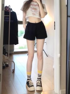 Quần Short Thể Thao Cotton Đen Cạp Cao Cho Nữ Mùa Hè Ngoài Trời Rộng Rãi Quần Short Ống Rộng Quần Short Thường Ngày Quần Short Bó Sát