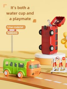 Cute Bus Carriage Straw Water Bottle for Girls Kindergarten School Bus Design Tritan Material 500ml Capacity Universal Use