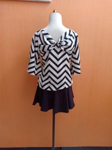 atasan wanita zig zag hitam putih L cewek blouse pita belakang