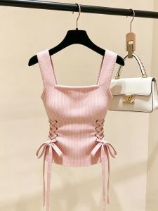 New Style Youthful Pink Knitted Vest Slimming Tie Waist Blouse