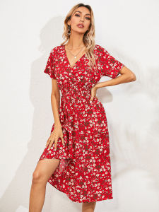 Casual V-Neck Printed Short Sleeve Dressv Collar Print Short Sleeve Dress