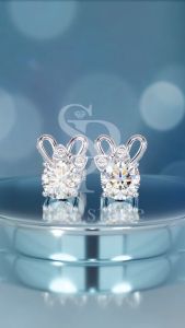 RoyStone - Anting Wanita Moissanite Sertifikat GRA Original Lapis Emas - Bunny Earring