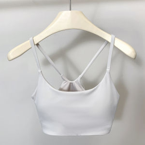 Womens Sports Tank Top Yoga Bra Vest Thin Strap Removable Chest Pad Fitness U-Neck Gathered Medium/High Support Nylon Fabric
