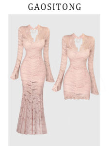 Gaositong New Chinese Style Long Sleeves Cut Out Lace Dress Female Autumn 2024 Step Lotus Sheath Mermaid Dress