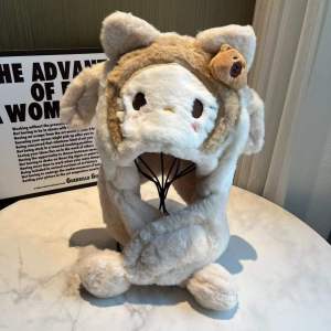 Cute Sanrio Plush Hat Ear Movement When Poked Kawaii Cotton Candy Dog Inflatable Cap Soft Fur Ear Pulling Response Knitted Cap