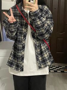 Retro Hong Kong Style Long Sleeve Shirt Loose Fit Thin Youth Fashion Design Men Women Spring Autumn Casual Checkered Sun Protection Coat