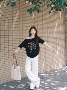 VKSOD | Korean Fashion Letter Print Asymmetrical Shoulder Short Sleeve T-Shirt Womens Summer High Waist Loose Wide Leg Pants Set