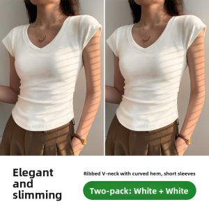 MiiOW | Pure Cotton Short Sleeve T-Shirt Women Summer Thin Slim Fit V-neck Base Shirt Casual Versatile Commute Style Regular Wash