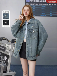 Unifree | Bow All-Over Print Denim Jacket Loose Retro