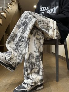 กางเกงลำลองชายผ้าพันคอสีขาวสไตล์อเมริกันทรงหลวมสบายๆ ฤดูใบไม้ร่วงปี 2024 กางเกงขายาวทรงหลวมๆ ทรงหลวมๆ ทรงหลวมๆ