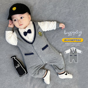Baby Boy Romper Suit with Bow Tie for 1 Year Old Spring Autumn Winter Cotton Long Sleeve Britsh Style Clothes for Babies
