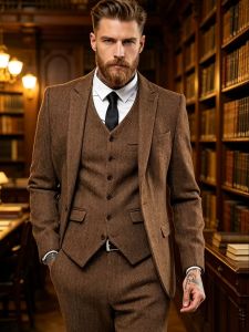 Dark Brown Wool Tweed Winter Suit for Men Herringbone Slim Fit Formal Groom Tuxedo 3 Piece Wedding Male Suits(Jacket+Vest+Pants)
