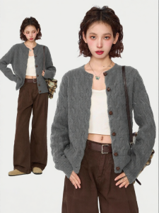 KBVVR | Women Autumn Thick Knit Cardigan Sweater Gray Cable