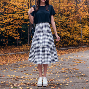Patchwork Tiered Skirt Women 2025 Summer Vintage Checkered High Waisted Elastic Waist Slimming Midi Skir