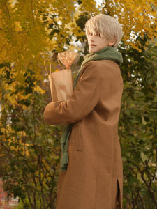 Korean Style Hepburn Khaki Mens Woolen Coat Shoulder Length Autumn Winter Mid-Length High-End Shape Windbreaker Jacket