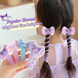 2Pcs Cute Sanrio Telephone Wire Line Hair Loop Kuromi Mymelody Cinnamoroll Elastic Braided Phone Cord Girls Kids Ponytail Hair Rope
