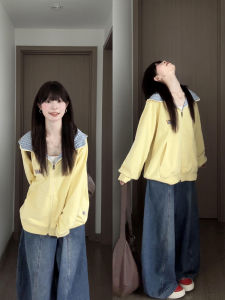XIANGBAIWEI | Laid-back Chic Yellow Checked Dachshund Embroidered Sweatshirt Outerwear