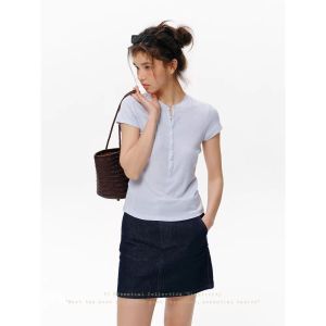 SHEITAOZI | Henry Collar Breathable T-Shirt Women Short Sleeve
