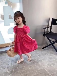 Girls Summer Dress 2024 New Fashionable Western Style Childrens Net Red Floral Print Princess Dress Summer Long Dress Fashion