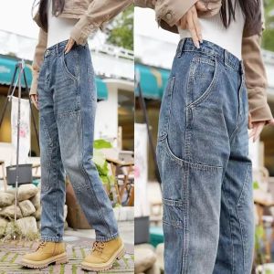 American Retro Patchwork Workwear Jeans Mens Casual Loose Large Pockets Straight Leg Pants Fashionable City Style Youth Jeans
