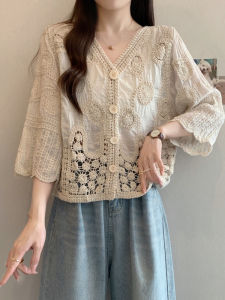AIYITI | Lace Floral Hollow Out Plus Size Flattering Short Sleeve Blouse