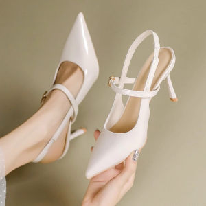 รองเท้าส้นสูงหัวแหลมหนังนิ่ม สายคาดสีขาว สไตล์เจ้าหญิง