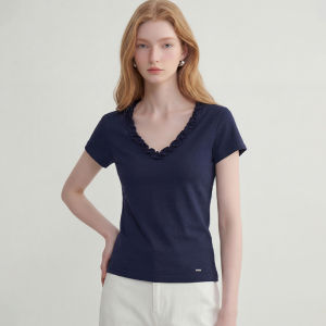 Versatile V-neck Wooden Ear Trimmed Slimming Breathable T-Shirt