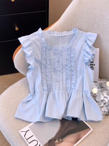 Áo Sơ Mi Nữ Cổ Đứng Tay Lỡ Màu Xanh Mùa Hè Không Tay Thắt Nút Bướm Kiểu Pháp Viền Lá Sen Phong Cách Hàn Quốc Thường Ngày