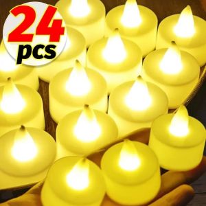 6/24pcs Flameless LED Electronic Candle Table Lamp Round Battery Powered Wishing Tea Light Valentines Day Birthday Party Home Decoration Night Light