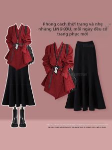 NUMEN BUTTON | Bộ Đồ Phong Cách Học Đường Mùa Thu Đông Dành Cho Người Mập Chân Váy A-Line Màu Đỏ Cao Waist