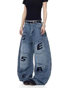 American Style Retro Letter Embroidery Multi Pocket Workwear Jeans Loose Wide Leg Knife Pants High Street Casual Trousers