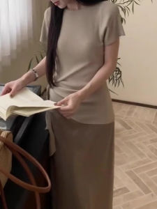 YUEZHONGWEI | French Style Ice Silk Knitted Short Sleeve T-Shirt Womens Waist-Cinching Small Size Slimming Belted Top Unique And Beautiful