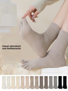 Miiow | Womens Mid-Calf Antibacterial Socks Five-Finger Cotton Sweat-Absorbing Autumn Winter Long Tube Anti-Odor Separate Toe Socks