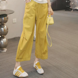 Shalldoer | Korean Style Drawstring Design Wide Leg Casual Pants Womens Loose Slimming Straight Nine Point Pants Summer New Arrival