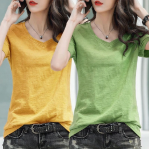 Lieoyuarn | Bamboo Cotton V-Neck Short Sleeve T-Shirt Womens Loose Large Size Summer New Style