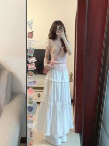 White High Waist Extended Length Half Skirt Womens Summer A-Line Ankle-Length Umbrella Cake Skirt Korean Style Commute