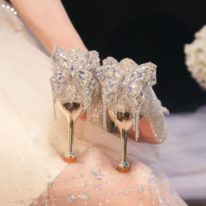 Elegant Gold Crystal High Heels Princess Style Wedding Shoes Fine Heel New 2025 Spring Summer Bride Shoes Shiny Slip-On Single Shoes