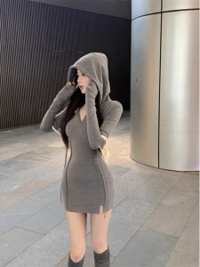 Pure Desire Hot Girl Tight Fitting Hooded Wrap Skirt Women Spring Autumn Unique Small Size Waist Cinch Sweet Dress Skirt