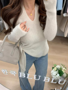 CHOEFULYN | White V-Neck Long-Sleeve Irregular Lace-Up Slim Fitting Sweater for Autumn and Winter