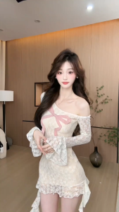 Váy trễ vai thêu ren nơ cho nữ ôm hông gợi cảm