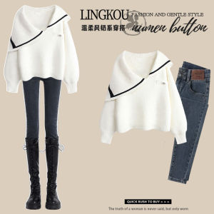 Spring/Autumn Denim Two-Piece Set For Women Petite Sized Fashionable Pullover Sweater And Cropped Pants Polyester Material Long Sleeves